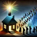 A conceptual abstract image representing the improvement in K-12 education following the education accountability act of 1998. This might include a shining bright beacon embedded in the silhouette of a schoolhouse, symbolizing the guidance and direction set by the policy. At its base, show diverse students of various genders and descents like Caucasian, Hispanic, Black, Middle-Eastern, South Asian, excitedly reaching towards the beacon indicating the rise in opportunities. Remember, the image should not have any text, visuals should carry the story.
