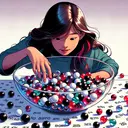 Create a colorful, mathematically inspired image. Picture a tabletop with a large, glossy glass bowl filled with 120 marbles. Among them, 80 are black, 28 are white and 12 are radiant red. Nicole, a brown-haired, Asian girl, reaches her hand into the bowl. She is in the midst of making a random selection. Show her anticipation, the movement of the marbles and the reflective nature of the glass. Avoid explicit numerical or text descriptions within the image.