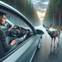 An image reflecting a physics problem involving a car and a deer. Show a driver in a light-gray colored car, Caucasian male with short black hair and green eyes, dressed in casual clothes. The car is moving on a deserted asphalt road surrounded by forest. He is noticing a deer, a mature roe deer with a dark brown coat standing on the side of the road, looking at the car. It is daytime with clear skies and soft sunlight. The driver's foot is moving towards the brake pedal. You can moderately show the look of alertness and surprise on the driver's face.
