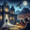 Create a suspenseful image featuring a man standing near a gate of an antique chateau under moonlight, looking curiously inside. Pair this with a picture of two people engrossed in an animated discussion with a hunting rifle and a map spread out in front of them. Also, include an image of a person standing on the deck of a ship, looking towards the distant lights of a city, indicating Rio. Make sure the image does not contain any text.