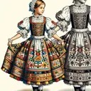 Generate a charming image illustrating a young girl adorned in a Southern German Folk Costume. The girl is standing gracefully, showing off her costume in detail. The costume consists of richly-decorated apron, repeating certain colors throughout it to signify unity. It cleverly uses various other colors to hatch intricate patterns. The artist has skillfully used contrasting colors to emphasize the contrast and unity within the costume. Note that the image should not contain any text.