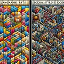 An intriguing visual representation of the concept of tessellations in art. On the left, show basic elements of language arts, social studies and science, made up of colorful tessellated shapes. On the right side, visualize the strong influence of mathematics in the form of complex tessellations, showing the intricate geometric patterns and symmetry. Please exclude any text from the image.