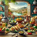 Create an enticing visual scene that captures the ambiance of Mexican cuisine. Picture a beautifully set table with traditional Mexican food items such as tacos, tamales, and chiles en nogada, garnished with vibrant ingredients like avocados, tomatoes, and limes. Include details such as colorful pottery dishes, a woven tablecloth, and a picturesque view of a scenic Mexican landscape through a nearby window. Avoid including any text in the image.