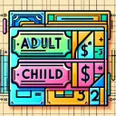 Generate an image of two bright-colored tickets with the label 'ADULT' and one pastel-colored ticket with the label 'CHILD'. All tickets are next to a symbol of currency but without any text. Additionally, one vibrant adult ticket is alongside three pastel child tickets, near another currency symbol. The tickets are depicted on a background resembling a mathematical chalkboard but with no legible equations.