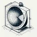 A clean, scientific and detailed illustration of a hyperbolic mirror with certain measurements. There's a camera pointing towards it, with the lens at one of the hyperbola's foci. The hyperbola is centered at (0, 0) on an x-y plane, and has a vertex that is 4 inches from the center. One focus is set 1 inch in front of the mirror surface. The mirror exhibits a band of reflected light around it, suggesting its use for panoramic photography. Orient the mirror with a horizontal transverse axis, emphasizing the geometric properties of the hyperbola.
