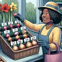 Create an image of a scene where a customer is in a garden store reaching into a basket filled with miscellaneous flower bulbs. The basket is filled with distinct areas containing: 5 amaryllis bulbs (red color), 5 daffodil bulbs (yellow color), 3 lily bulbs (pink color), and 2 tulips (purple color). The customer has a friendly smile on her face. She is a middle-aged, black woman wearing a gardening hat and gloves. She is about to select one bulb from the basket.