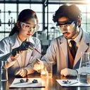 An appeasing image that shows a scientific experiment in progress. Picture two people, an Asian woman and a Middle-Eastern man, dressed in protective lab coats, goggles and gloves. They're in a well-equipped laboratory, under bright lights. One of them is holding a piece of zinc metal and the other is carefully measuring a dilute solution of tetraoxosulphate (vi) acid using a pipette. They are about to mix these two substances in a clear glass beaker placed on a lab table. No flames, smoke, sparks or text should be present in the image.