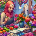Create an appealing and vibrant image of a flower shop filled with brightly colored flowers, where the diversity of hues contrasts in a visually pleasing way. In this image, we see a Middle-Eastern female shop owner thoughtfully selecting five distinct blooms to make an arrangement. A Caucasian woman named Martha, with a reminder note on her hand, is standing just outside the shop, peering in. Include details like the blooming flowers, the note on Martha's hand, but make sure the image contains no text.