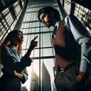 Depict a scene in which a confident and authoritative Hispanic woman in professional attire is issuing a firm command to a surprised Middle-Eastern man in casual attire. The environment is a bustling corporate office, with the hard angles of modern architecture casting a dramatic chiaroscuro. Both the figures stand distinctively, capturing the intensity and gravity of their interaction.