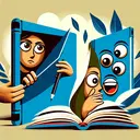 Create a captivating and abstract representation of this literary scene: A character is peering out from behind a part-open book, studying something off-frame with a look of suspense. Another character is looking in the opposite direction, laughing, indicating a humorous situation. In the corners, eyes depict the reader's perspective. However, keep the image text-free.
