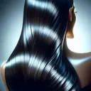 Please depict a close-up of a woman's hair that resembles a glistening raven's wing. The woman should have dark hair flowing in smooth, long tresses down to her back, reflecting light to showcase its shiny quality, similar to the way a raven's wing would glisten in the sunlight. The hair should be the central focus, with the rest of the woman's figure slightly blurred or in shadow to emphasize the hair. The background should be a soft gradient, with cooler tones to contrast the dark hair.
