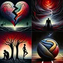 An abstract symbolic representation of four different emotions. First, depict a heart mending after being broken, symbolizing healing after a traumatic event. Second, show a solitary figure looking out into dark expanse, representing loneliness and regret. Third, show two intertwining trees with strong roots symbolizing connection between siblings. Lastly, portray a deflated ball on a sports field expressing disappointment from losing a game.