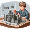 Illustrate an engaging and appealing scene featuring a young Caucasian boy named Eli. He is deeply engrossed in crafting a stunning model of a medieval castle using various shades of grey clay. Key details to emphasize include the castle's impressive scale, its intricate architectural features, and primarily, its distinctive roof peak, which assumes the form of a perfect cone. The cone should measure 14 inches across its base diameter and possess a slant height, extending from base to peak, of approximately 20 inches.