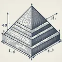 An educational diagram of a rectangular pyramid. The pyramid should be 3 dimensional, with measurements indicated by arrows. There should be a distinct arrow pointing from the base to the apex of the pyramid, indicating the height of the pyramid. The sides of the pyramid are triangular, and there should be a separate arrow representing the height of the triangular sides.