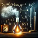 Create a visually appealing scene representing a scientific quandary. It involves a glass beaker filled with a glowing, gaseous substance, set against a chalkboard with ideal gas law equation PV=nRT etched into it. The beaker is connected to hygrometer indicating the humidity level. There's a scale, depicting variables slightly fluctuating. All these elements are subtly hinting at the effect of water vapor pressure on gas calculations according to the ideal gas law.