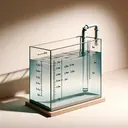 Create an image of an empty rectangular shaped aquarium of base 2.4m by 2.8m and height of 3m. A visible tube is attached to the side, where water is flowing in at a steady but slow rate. The aquarium rests on a stand, and the background includes a plain wall with soft shadows. The set-up should convey a mathematical or physical experiment.