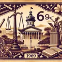 An intriguing historical scene from late 19th century South Carolina, illustrating the spirit of the era and the relevance of its constitution. There's no text in the image, and no specific historical event is depicted. Rather, it contains symbolic elements like a scale, hammer and capitol building representing justice, authority and governance. Add a 60s style border paying tribute to the year 1969. Blend these various elements in an artistic version suggesting an impending change or transition.