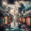 Generate an image representing a cause and effect relationship. The image should depict a scene where the cause is a natural occurrence, like a hurricane, leading to a visually perceivable effect, such as water flooding the streets of a city that visually resemble New Orleans with its unique architectural style. The scene should be dramatic, with storm clouds hovering above and the city's vintage buildings partially submerged under water. To avoid textual context, no street signs or identifiable landmarks should be visible.