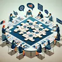 An abstract representation of logical reasoning and argument. Depict a group of diverse individuals around a table with a displayed puzzle which represents the complexity of an argument. Each person is contributing a piece to the puzzle, symbolizing diverse opinions, well-founded reasoning, and planned arguments. Each puzzle piece carries different symbols such as a firm foundation, a loudspeaker, and a mapped-out plan, symbolizing the well-founded reasoning, the speaker's opinion, and the planning of an argument respectively. There are no words or text within the image.