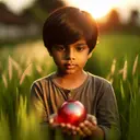 An image featuring a South Asian boy, around the age of seven, with a look of curiosity in his eyes. He is outside on a sunny afternoon, in a field of vibrant green grass. He is holding a pearlescent red ball that's catching the sunlight; its surface is reflecting the sky and the grass around him. The illumination emphasizes the red hue of the ball, highlighting why it appears red to the observer.