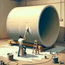 Show a realistic image of a man named Adrian who is busy painting a large cylinder. The setting should be casual and could be a garage or an open-spaced workshop. Adrian is not a real person, but a random man who is Middle Eastern in descent. He has a paint brush in his hand and is applying paint on the cylinder. The cylinder is oversized, enough to be used as a coffee table. It has a rough relative dimension, with a radius of about 4 feet and a height of 3 feet. Do not include any text or calculations in the image.