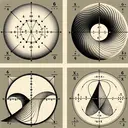 An abstract mathematical-themed image collection displaying four types of key conic sections (a circle, ellipse, hyperbola, and parabola) without any text. For the circle, illustrate it centered at the origin (0,0), with x and y intercepts at (6,0), (-6,0), (0,6), and (0,-6). For the ellipse, have the x and y axes as the lines of symmetry. For the hyperbola, emphasize the x-axis and y-axis reaching into positive and negative infinity, indicating 'all real numbers' domain. Lastly, for the parabola, hint at a vertex at the origin and a line above it representing the directrix.